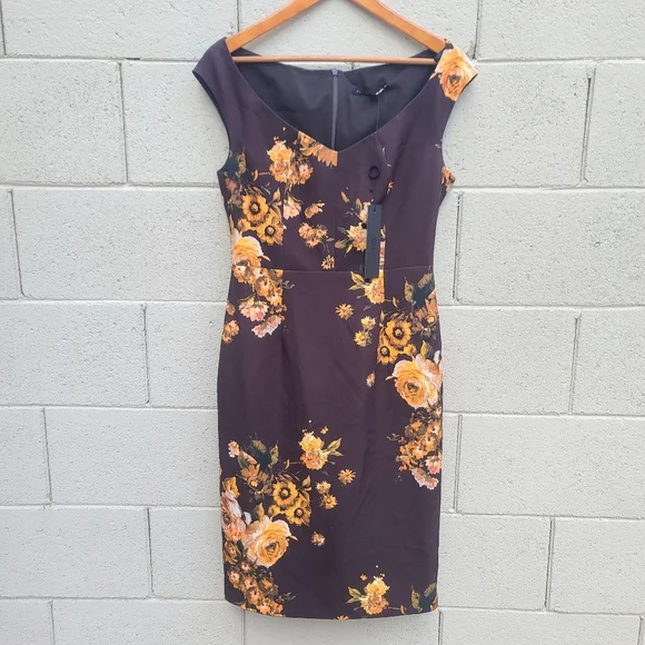 Black HaloEllaria Floral Column Dress NEW Size 8 Fall Tones